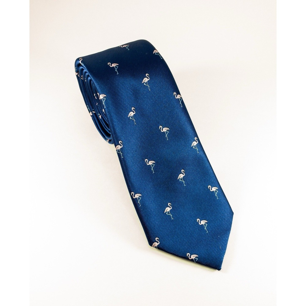 Banana Republic Silk Tie, Navy Repp Tie Embroidered Pink Flamingos, Modern 3x59"